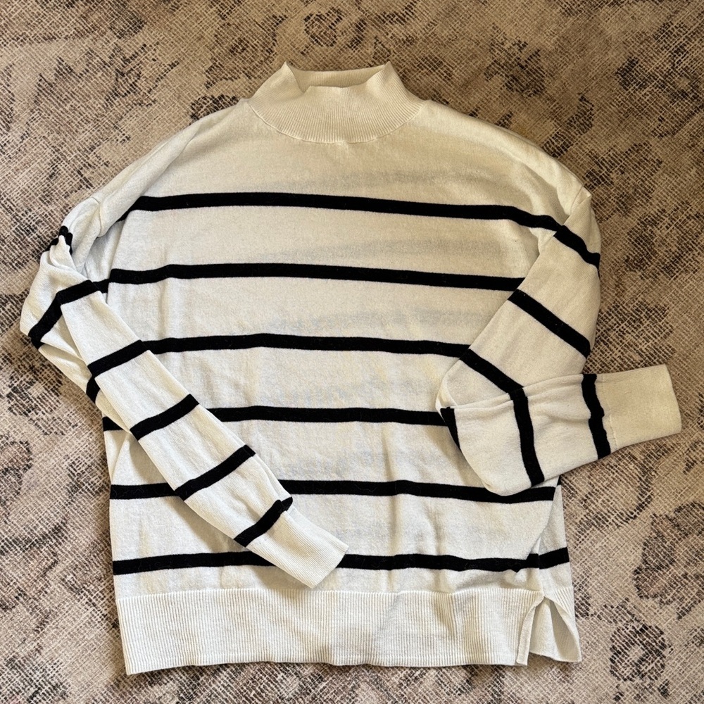 Women's Cream and Black Striped Mock Neck Sweater